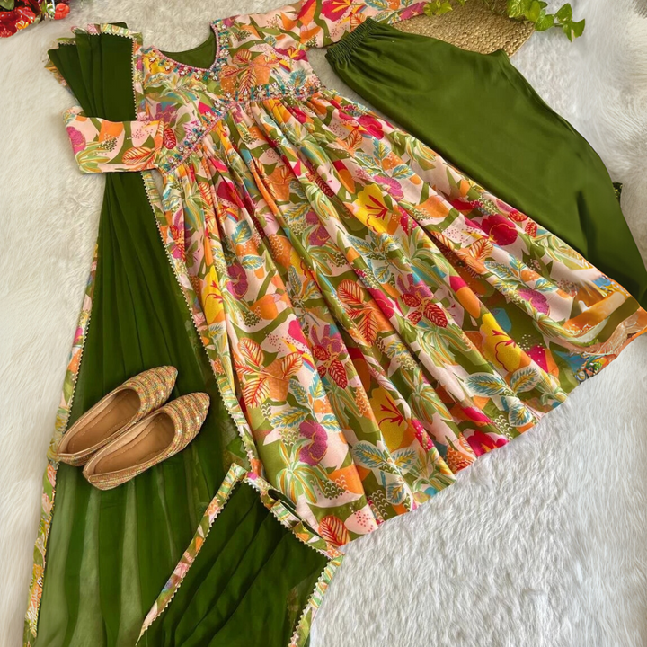 Floral Elegance: Aliya Cut Dress with Dupatta and Pant