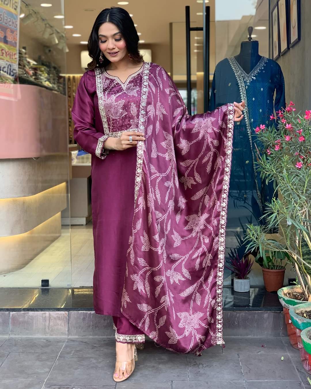 Wine Viscose Chanderi Designer Embroidery Work Suit – Inaaya Store