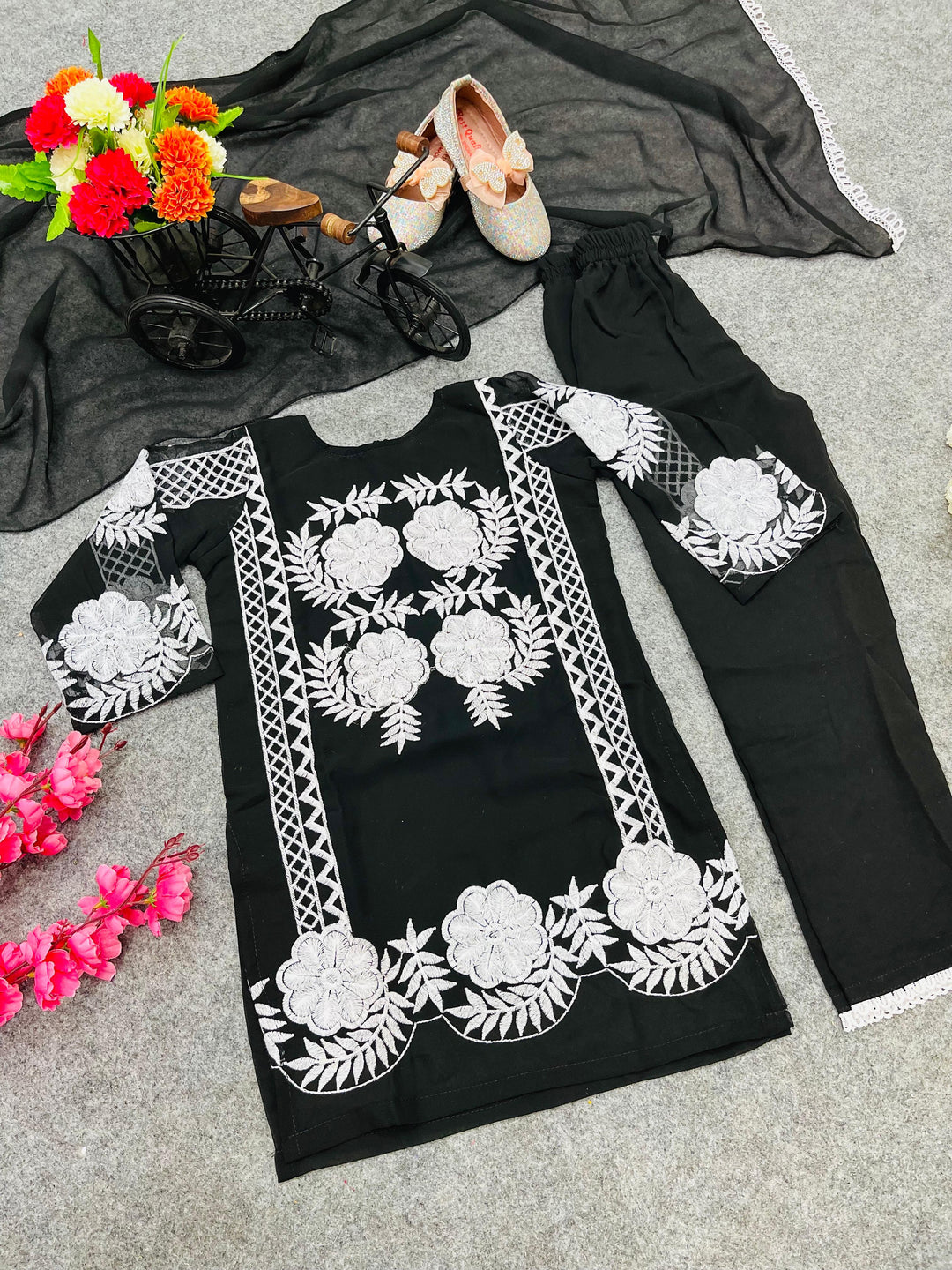 Faux Georgette Embroidered Girls Wear
