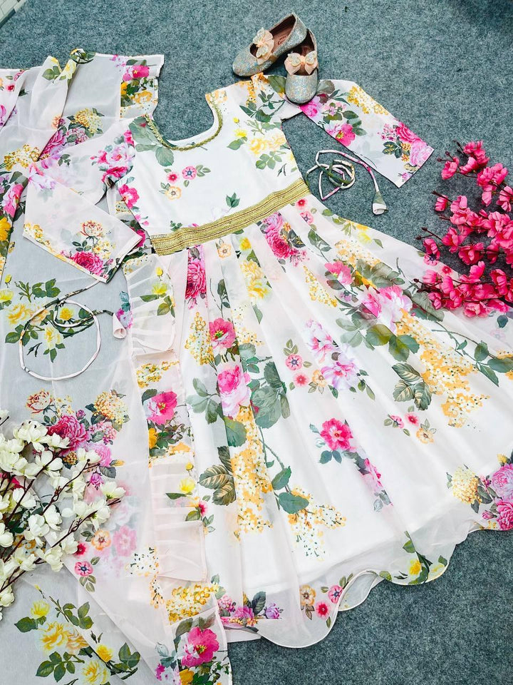 Pastel Peach Floral Printed Anarkali for Girls