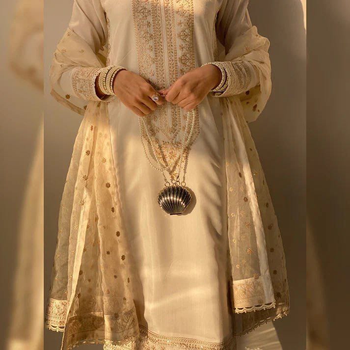 Fancy Roman Silk Sequin Embroidered Cotton Work Suit