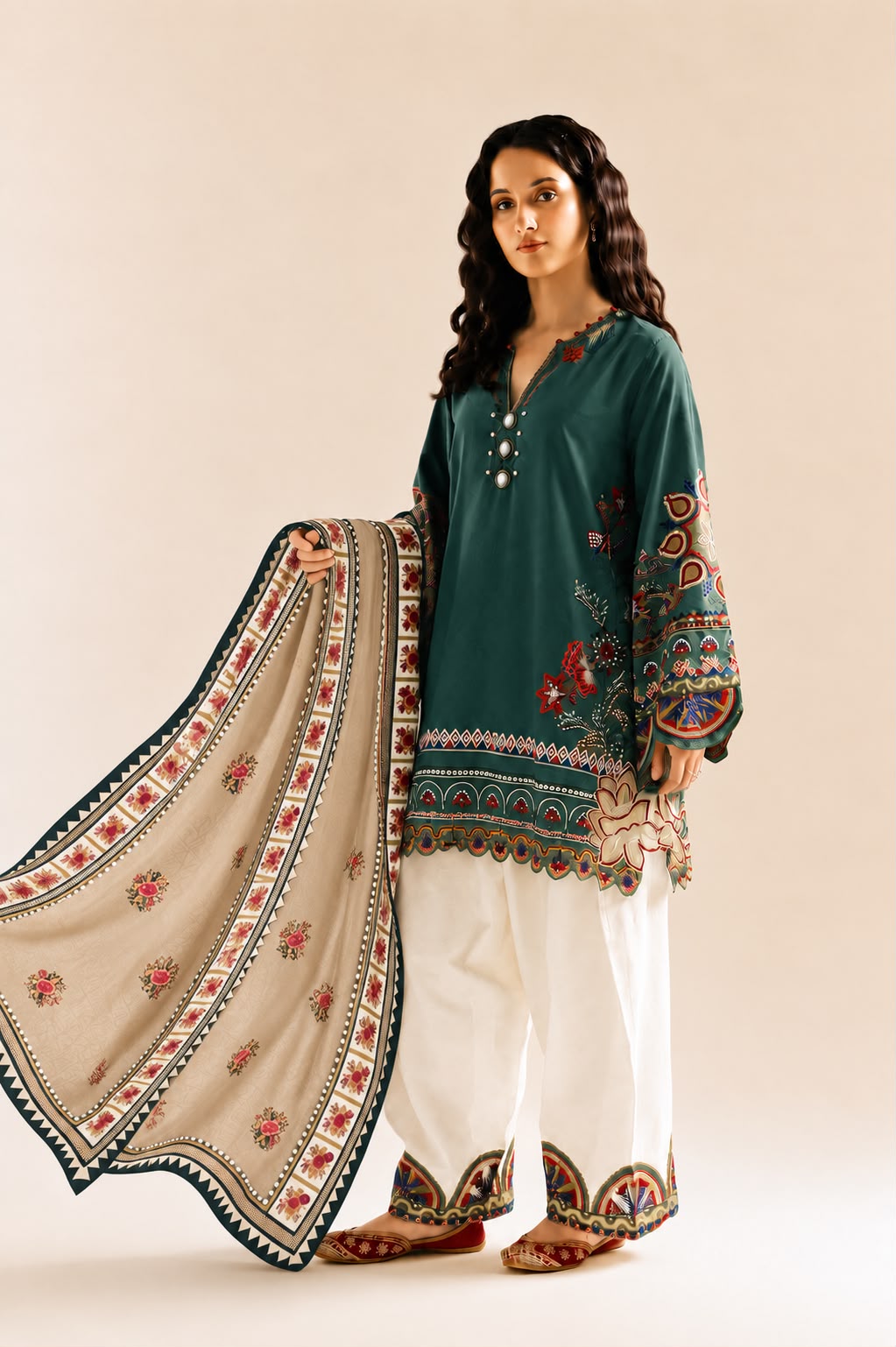 Heavy Embroidered 3-Piece Farshi Trouser Suit with Chiffon  Dupatta | Ready To Wear