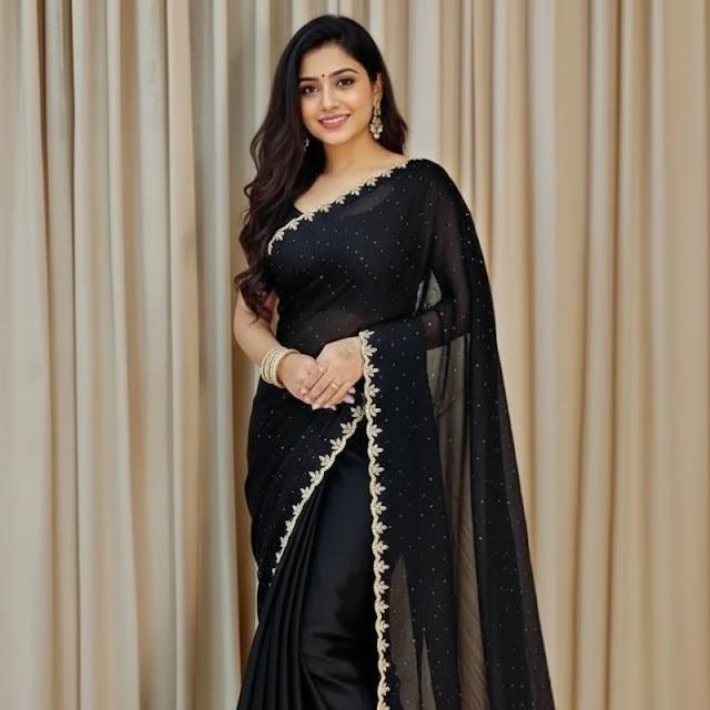 SIROSKI WORK CHIFFON FABRIC UNSTITCHED BLOUSE SAREE FOR WOMEN