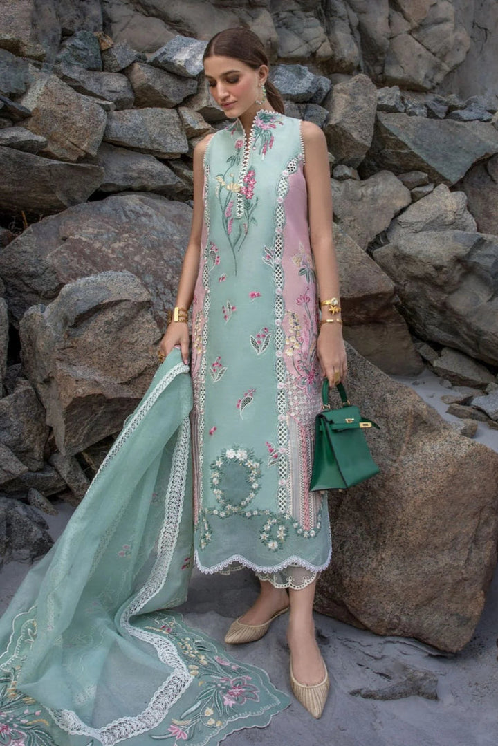 Mint &amp; Baby Pink: Embroidered Lawn Suit With Organza Dupatta | Ready To Wear