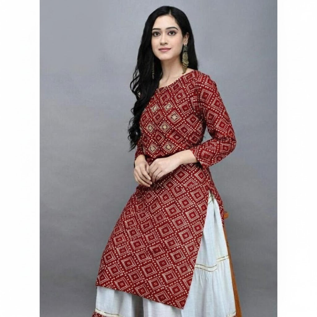 BANDHEJ  TABLE PRINT KURTI WITH BEAUTIFUL BUTTON