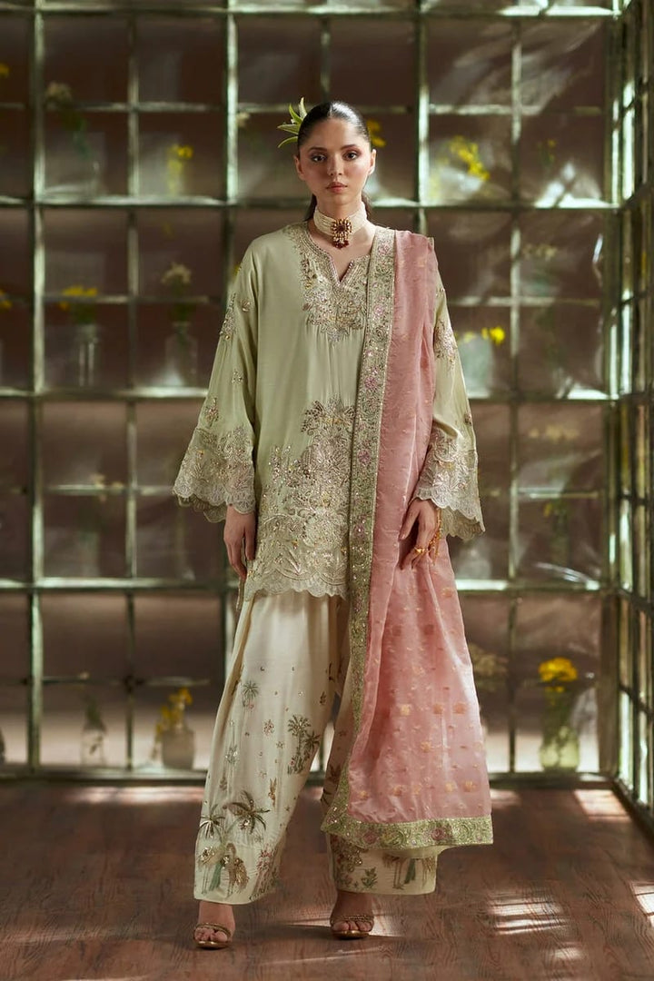 Raw Silk 3-Piece Suit with Heavy Sequin Embroidery &amp; Jacquard Dupatta Ready To Wear