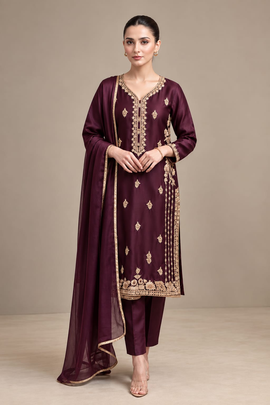 Dark Purple Premium Shesha Silk 3-Piece Formal Suit - front