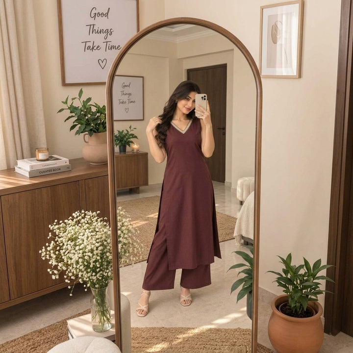 V-Neck Lace Detail Cotton Kurti Set Plain Sleeveless Long Top with Wide Leg Pants Casual Outfit