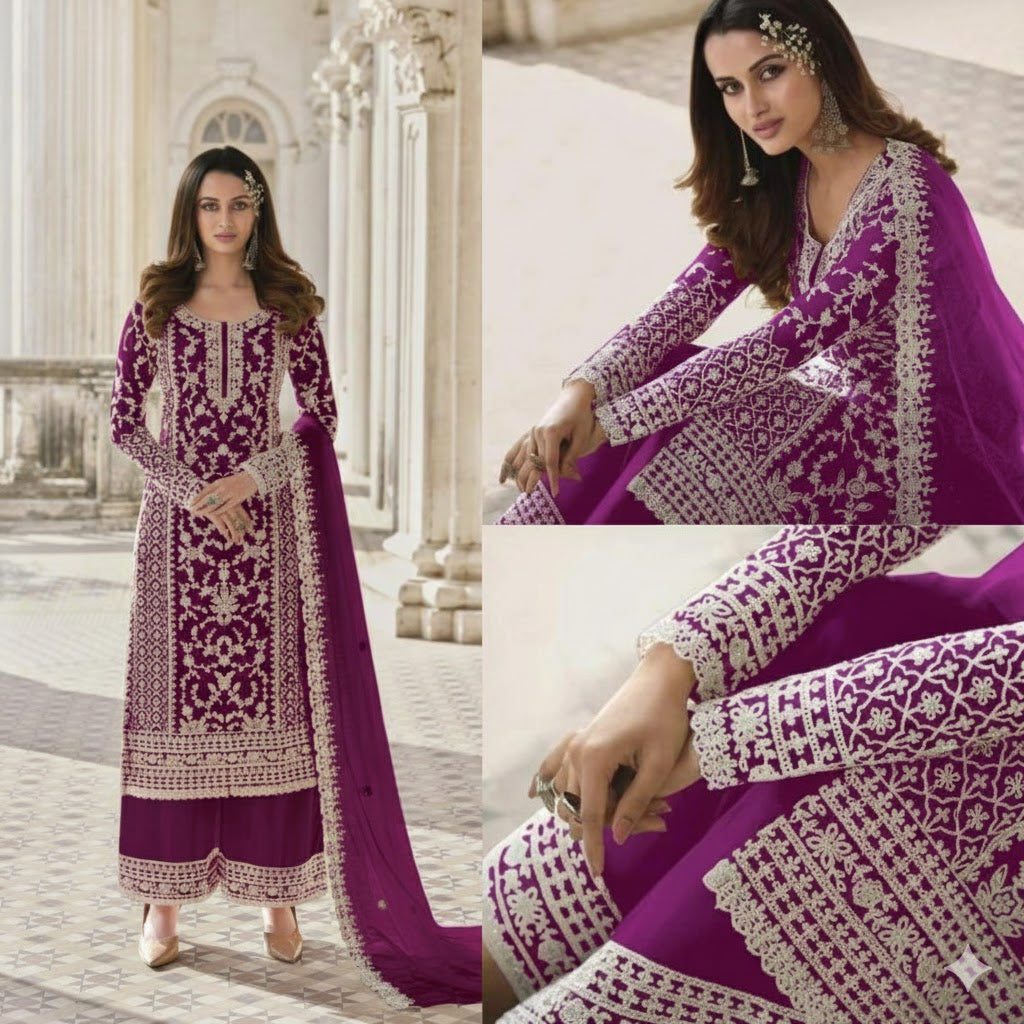 Elegant Thread Work Embroidery 3PCS Suit For Women 003