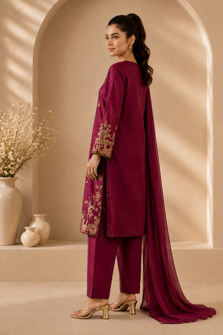 Magenta Premium Shesha Silk 3-Piece Formal Suit - back