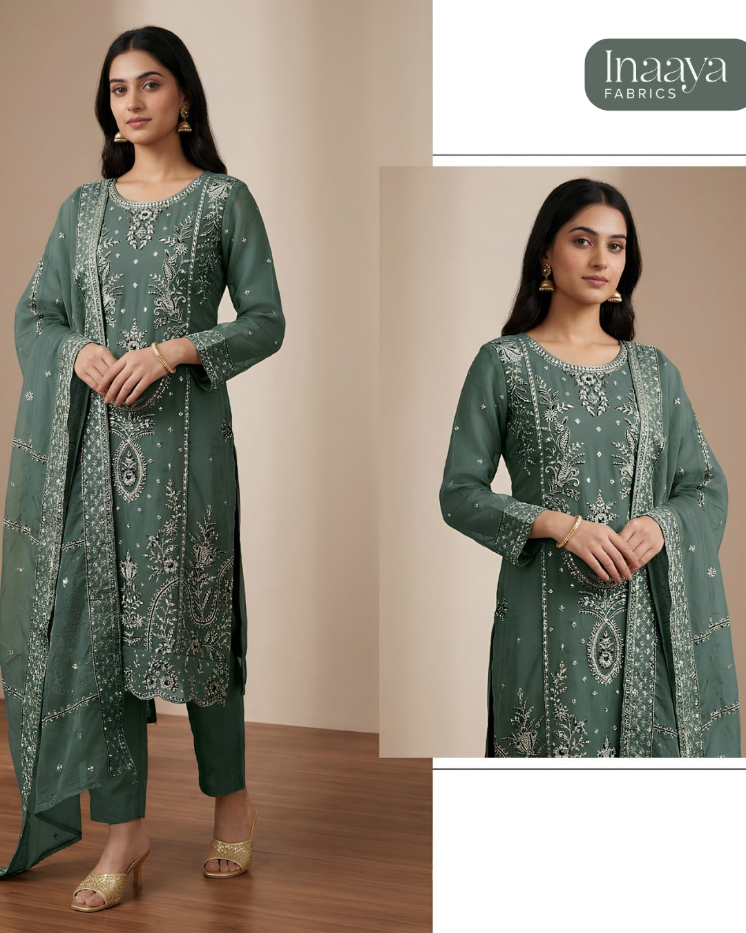 Heavy Organza Silk With Sequence Embroidery Stitch + Khatli Work