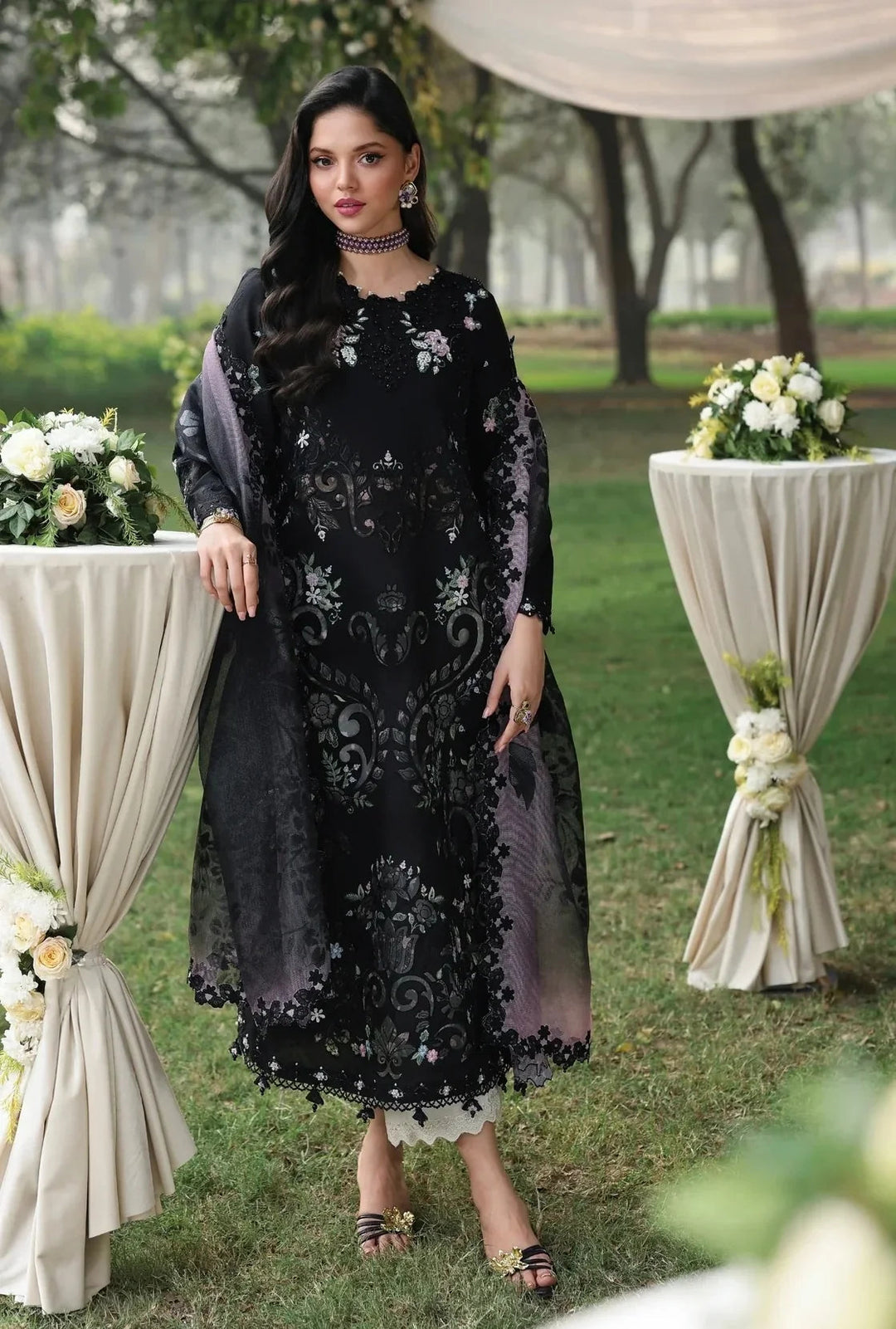 Noir &amp; Soft Violet: Embroidered Lawn Suit With Printed Chiffon Dupatta | Ready To Wear