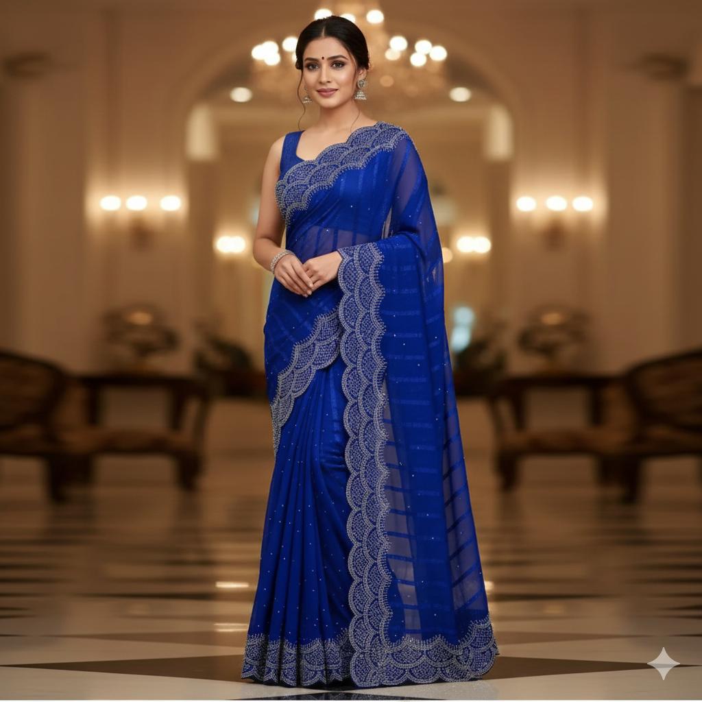 Stone Work Chiffon Georgette Material Saree Unstitched