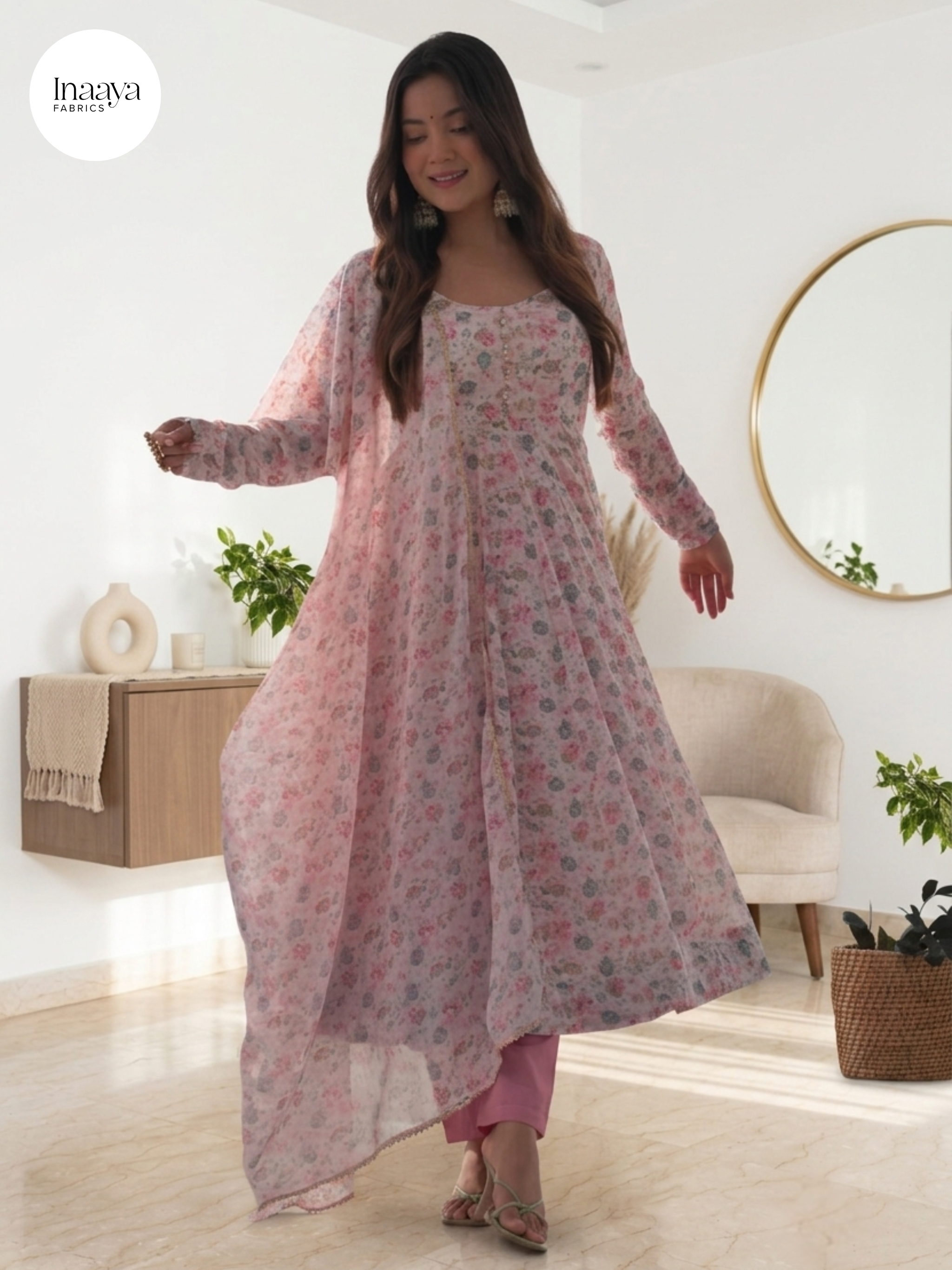 Organza Chiffon Floral Printed Gown With Dupatta Set