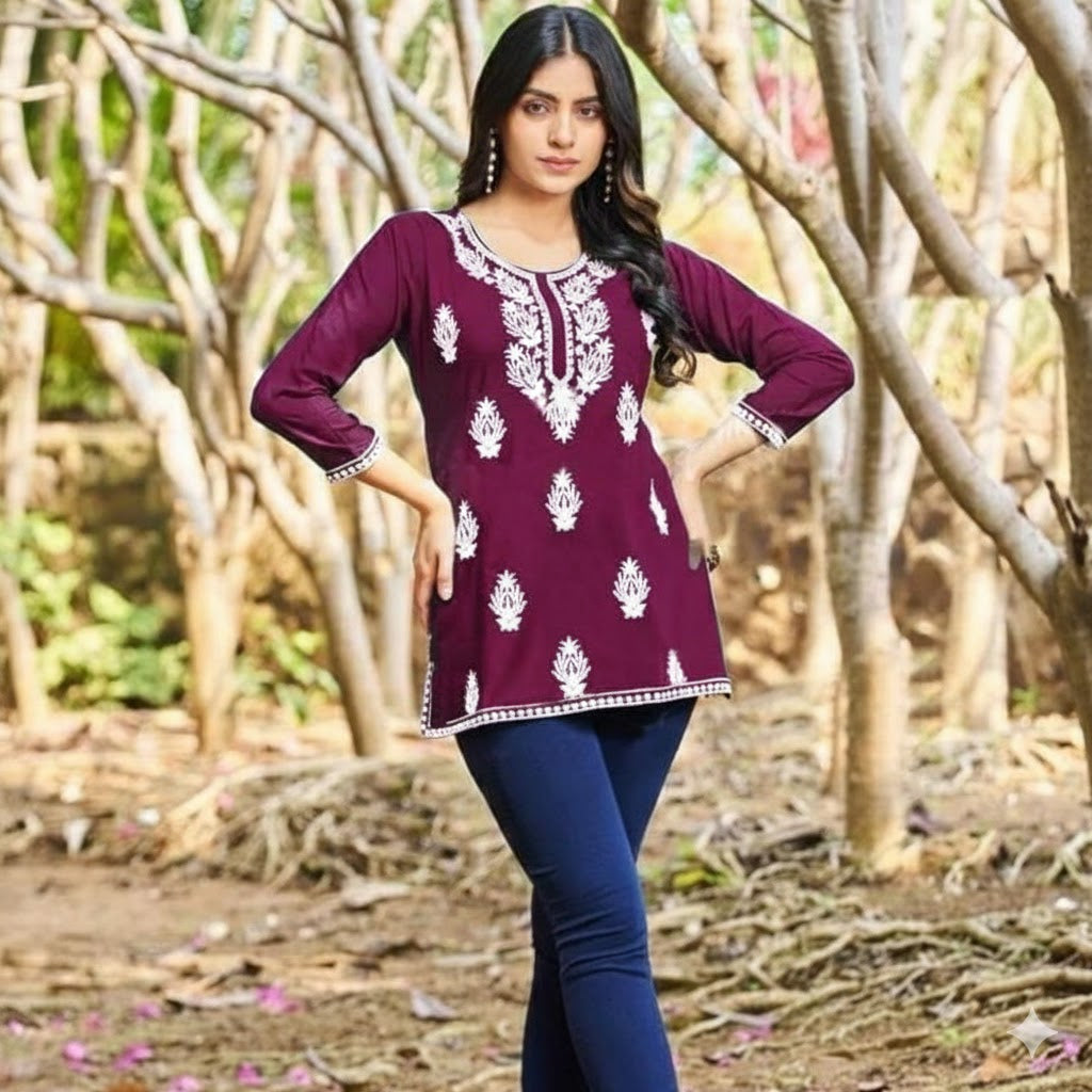 Elegant Rayon Front  Embroidery Work Kurti For Women 001