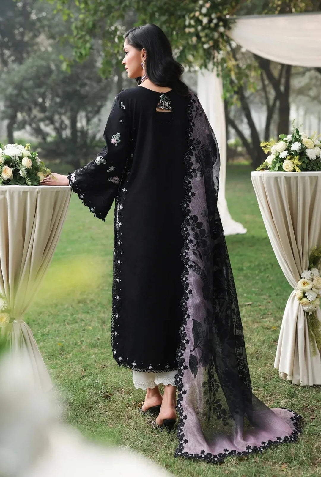 Noir &amp; Soft Violet: Embroidered Lawn Suit With Printed Chiffon Dupatta | Ready To Wear