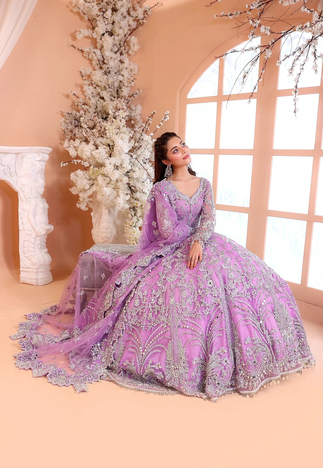 Pastel Lilac &amp; Sparkling Silver: Embroidered Net Bridal Lenge Choli | Ready To Wear