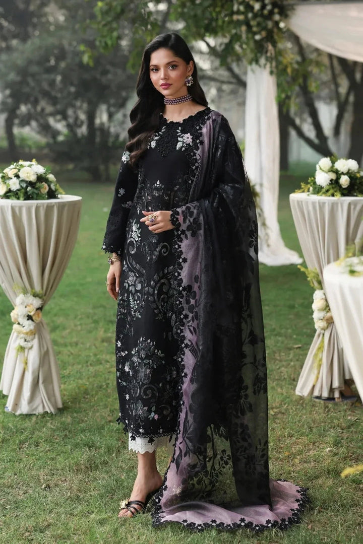 Noir &amp; Soft Violet: Embroidered Lawn Suit With Printed Chiffon Dupatta | Ready To Wear
