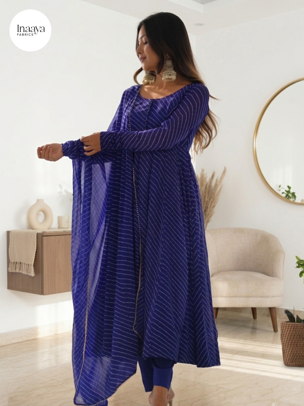 Royal Blue Georgette Printed Anarkali Dress With Pant & Dupatta
