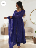Royal Blue Georgette Printed Anarkali Dress With Pant & Dupatta
