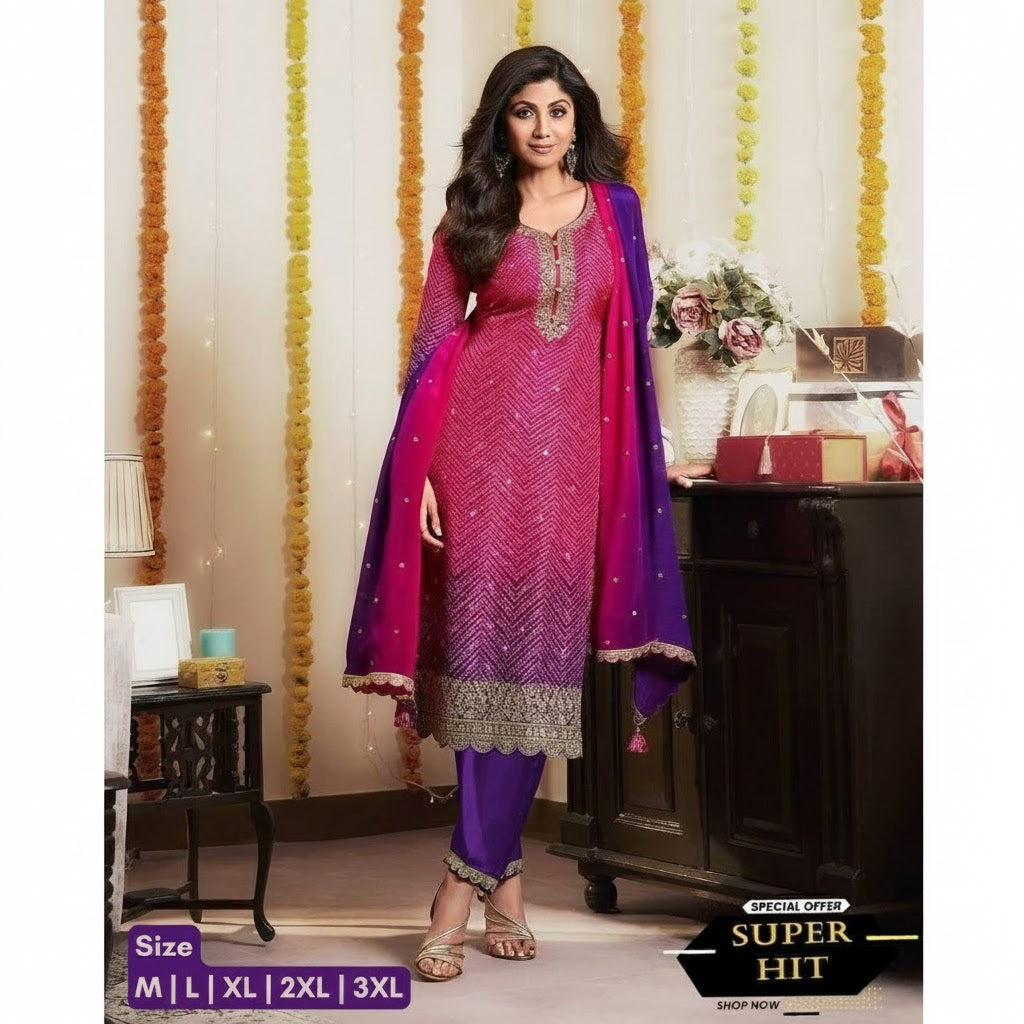 Designer Fancy Pure Chinnon Silk  3Pcs Suit For Women 003