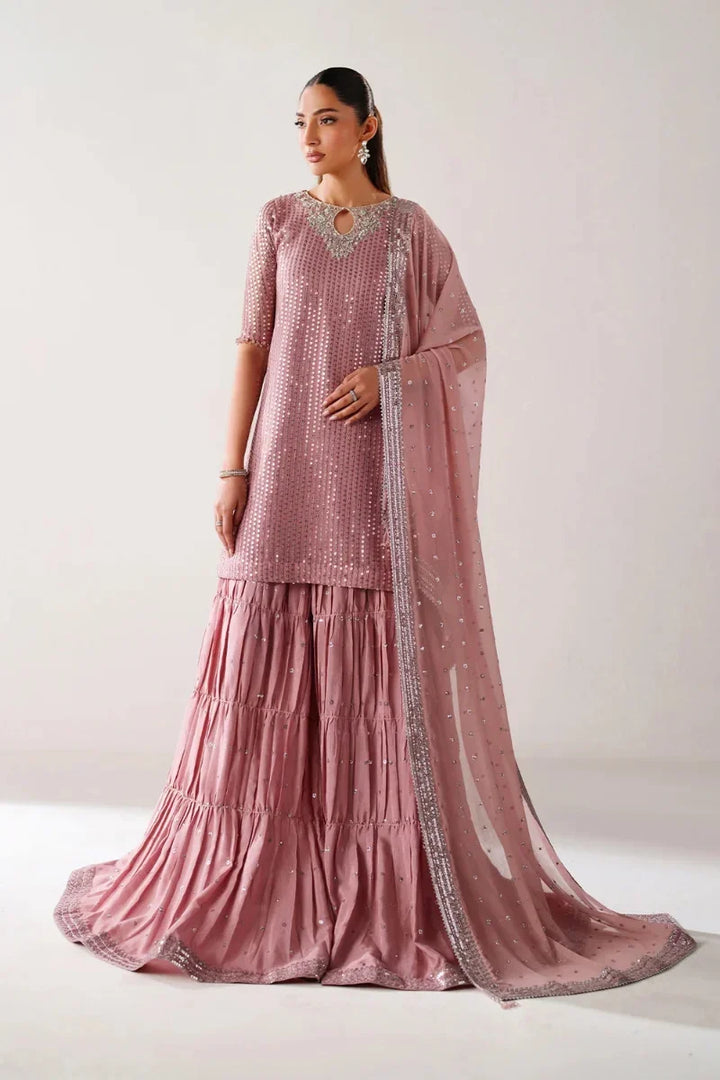 Dusty Rose &amp; Silver Sparkle: Embroidered Chiffon Ghararah SUit | Ready To Wear