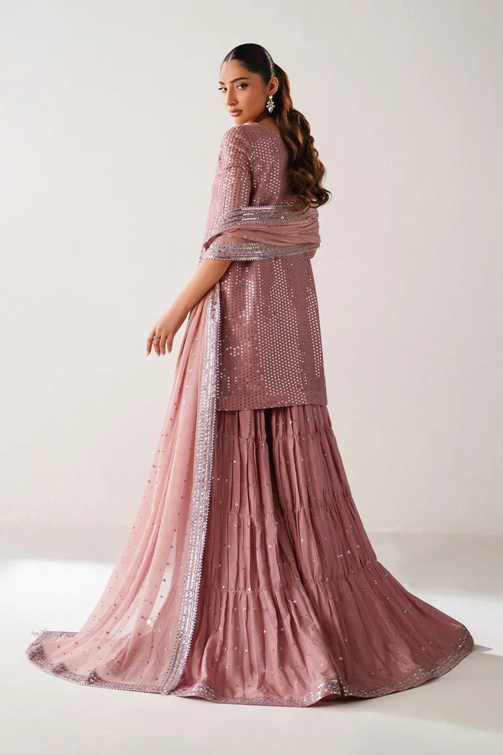 Dusty Rose &amp; Silver Sparkle: Embroidered Chiffon Ghararah SUit | Ready To Wear