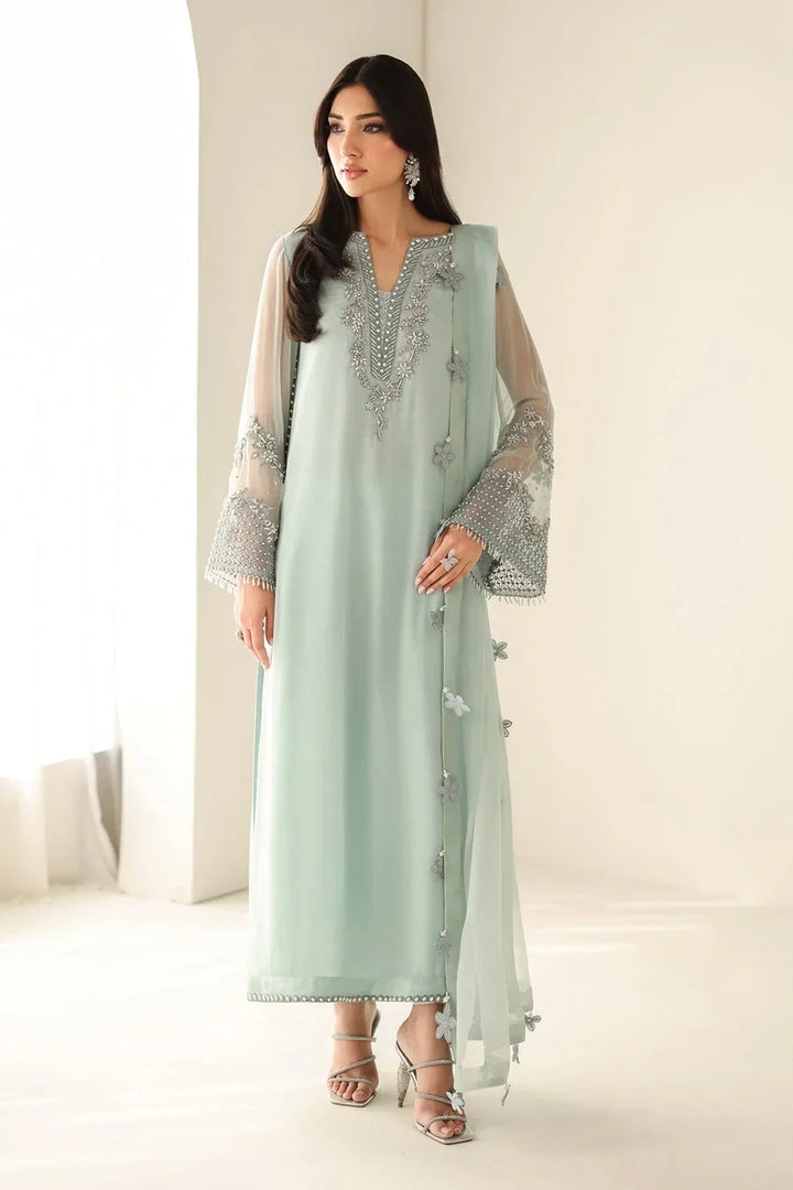 Pastel Mint &amp; Pearl Silver Accent: Embroidered Chiffon Suit | Ready To Wear
