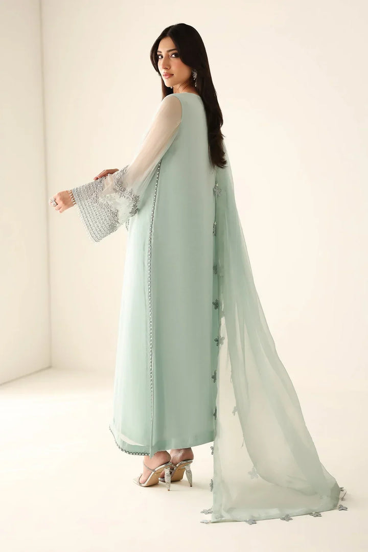 Pastel Mint &amp; Pearl Silver Accent: Embroidered Chiffon Suit | Ready To Wear
