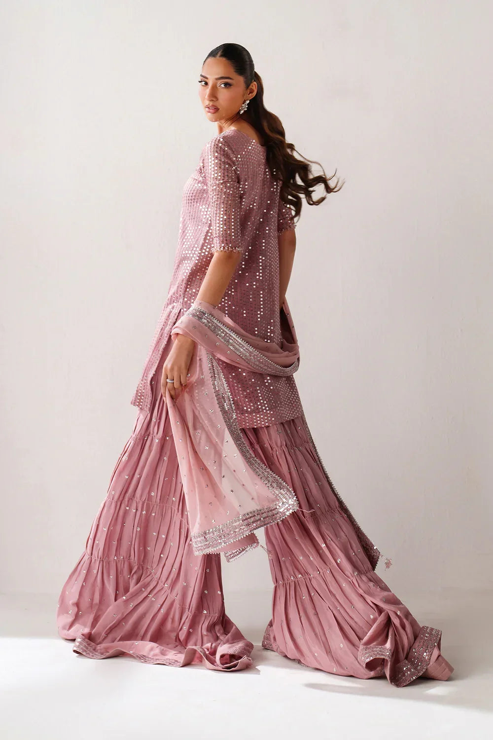 Dusty Rose &amp; Silver Sparkle: Embroidered Chiffon Ghararah SUit | Ready To Wear