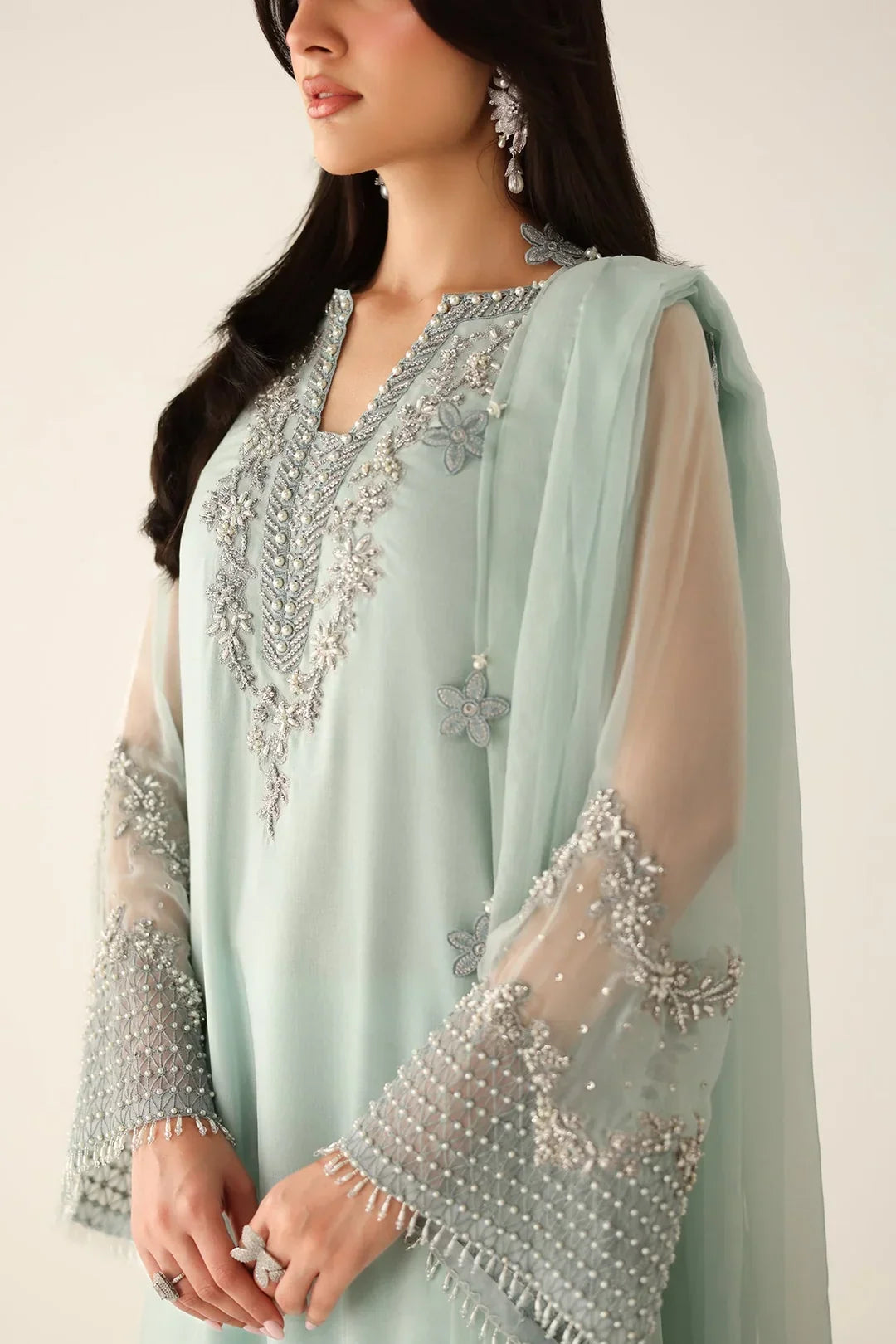Pastel Mint &amp; Pearl Silver Accent: Embroidered Chiffon Suit | Ready To Wear
