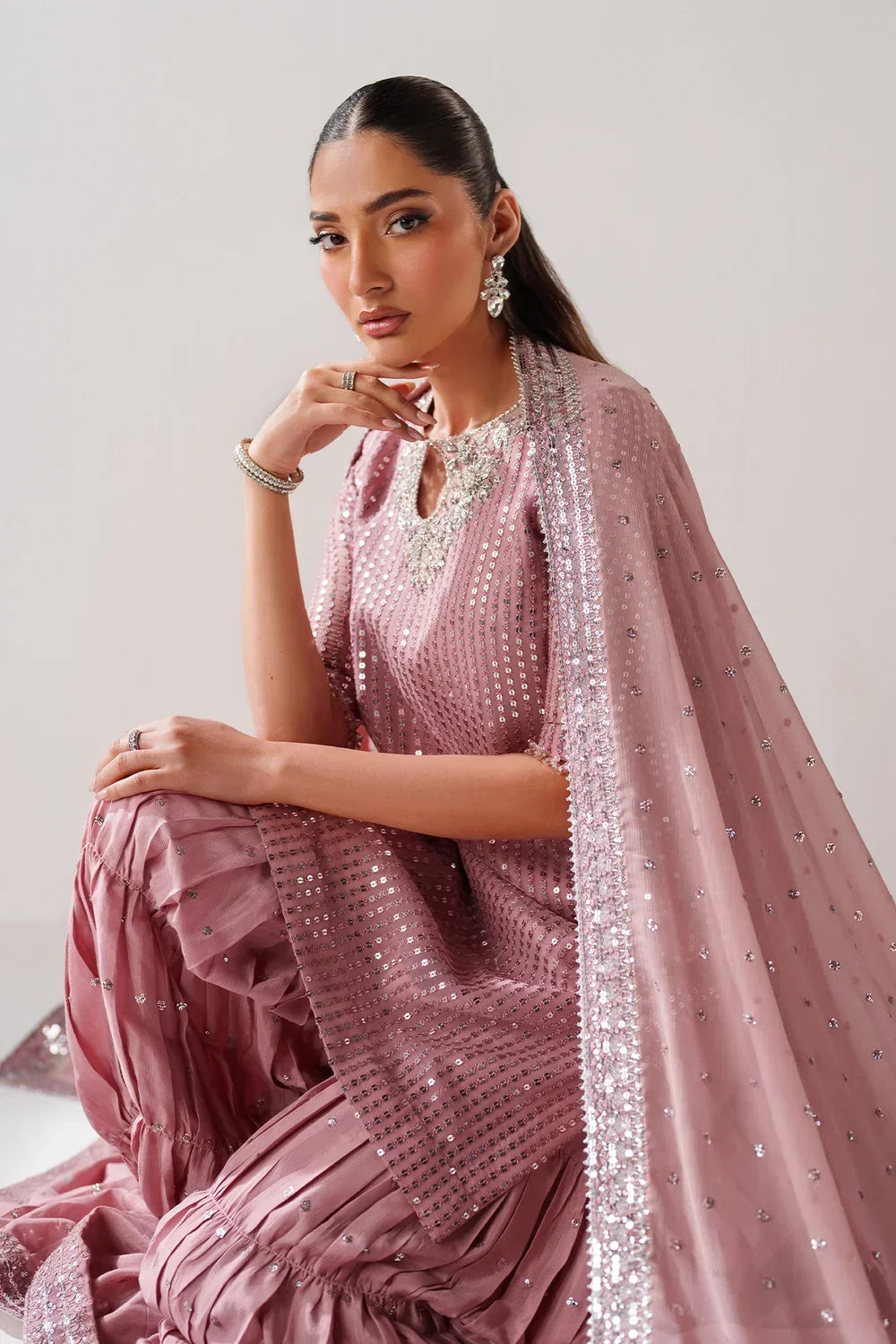 Dusty Rose &amp; Silver Sparkle: Embroidered Chiffon Ghararah SUit | Ready To Wear