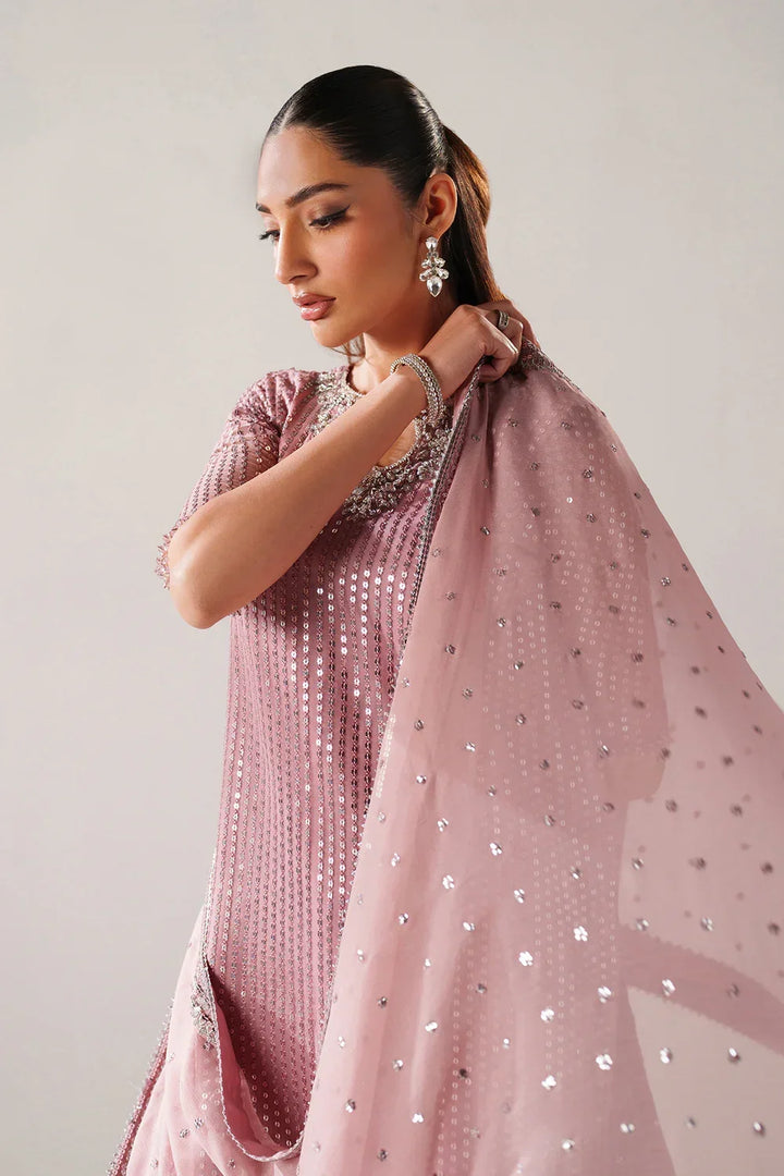 Dusty Rose &amp; Silver Sparkle: Embroidered Chiffon Ghararah SUit | Ready To Wear