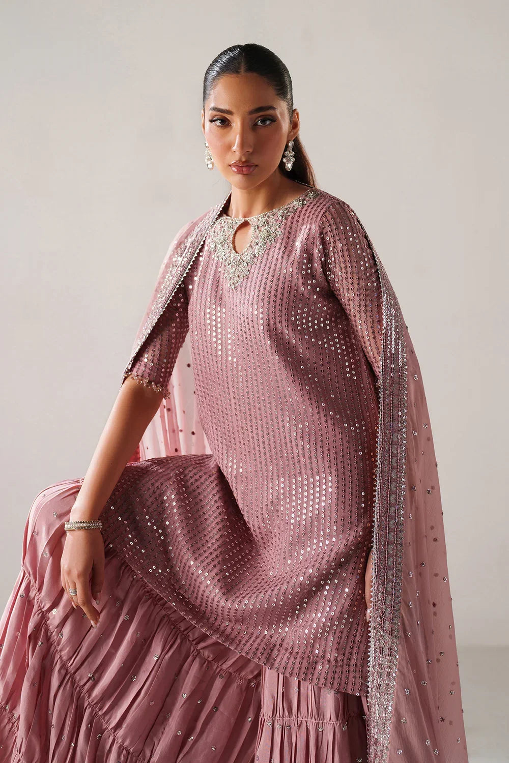 Dusty Rose &amp; Silver Sparkle: Embroidered Chiffon Ghararah SUit | Ready To Wear