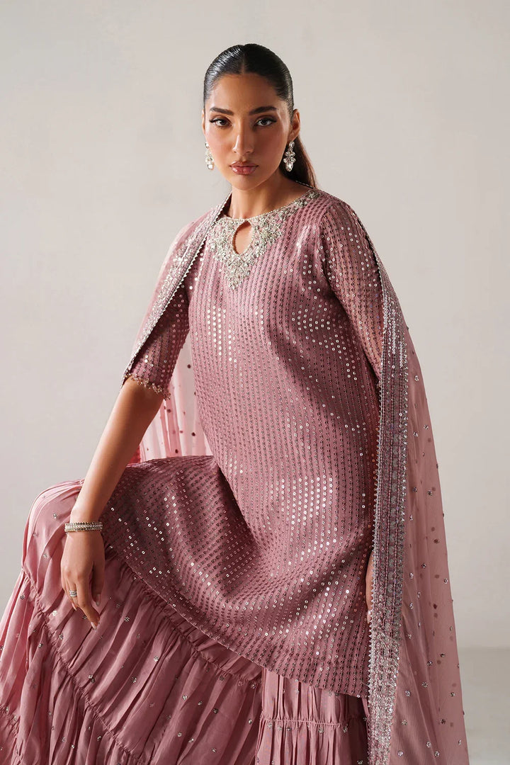 Dusty Rose &amp; Silver Sparkle: Embroidered Chiffon Ghararah SUit | Ready To Wear
