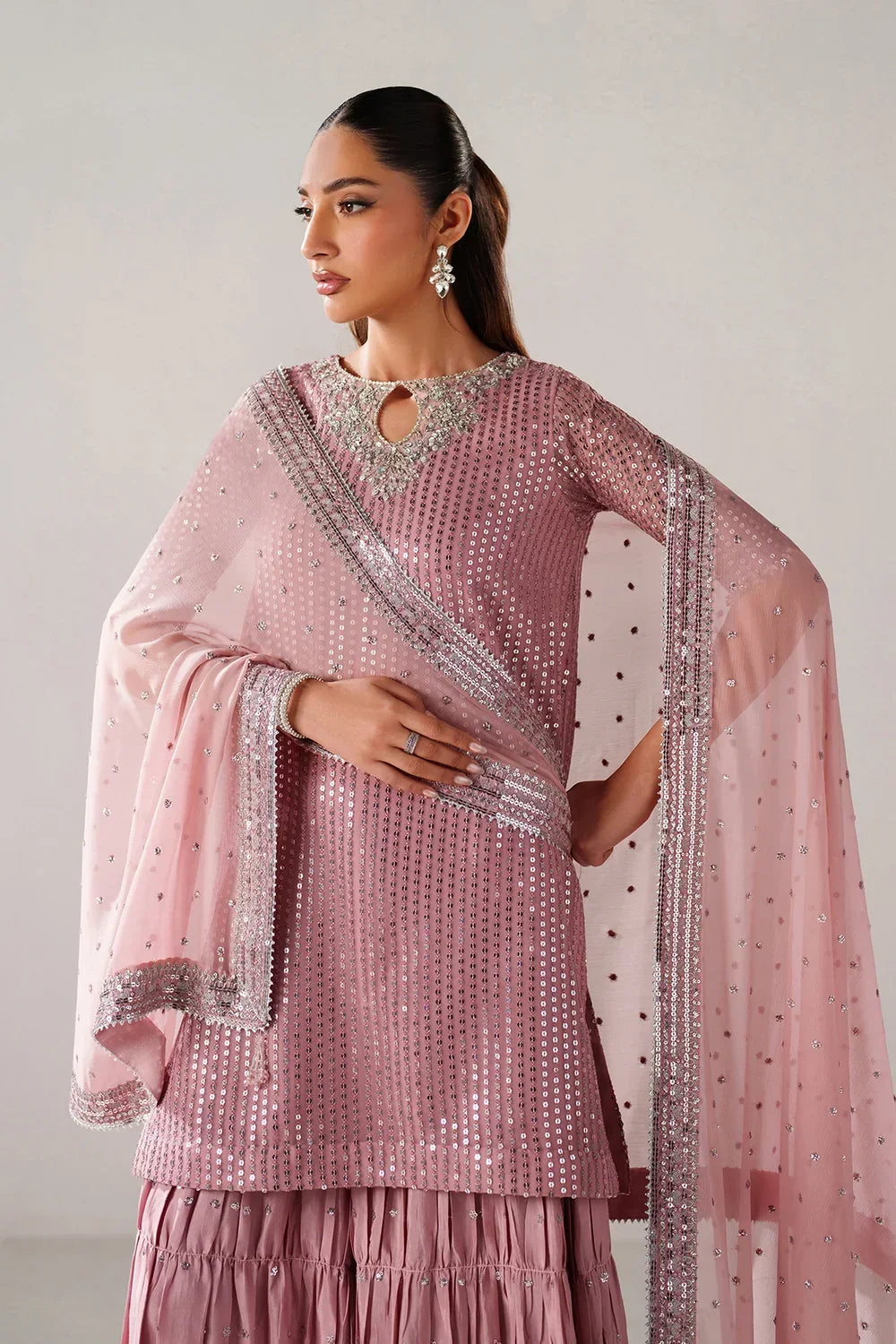 Dusty Rose &amp; Silver Sparkle: Embroidered Chiffon Ghararah SUit | Ready To Wear