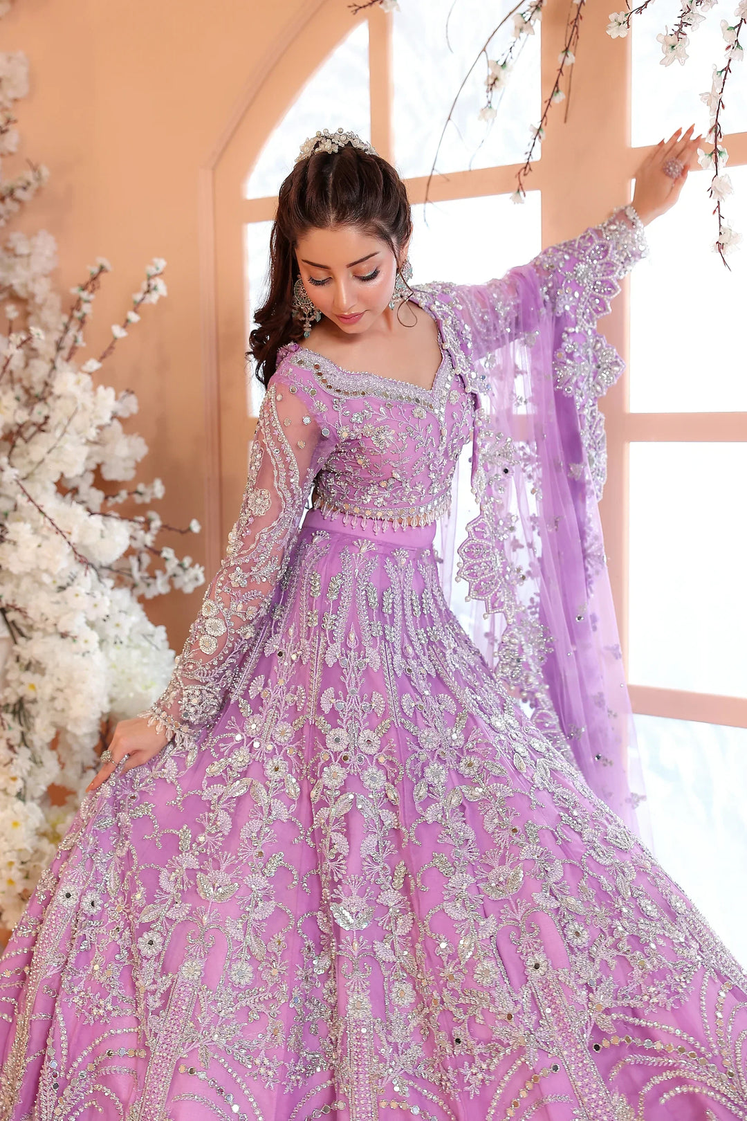 Pastel Lilac &amp; Sparkling Silver: Embroidered Net Bridal Lenge Choli | Ready To Wear