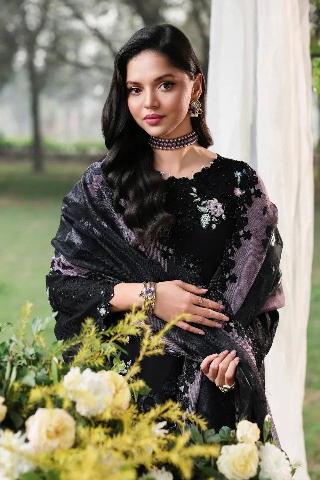 Noir &amp; Soft Violet: Embroidered Lawn Suit With Printed Chiffon Dupatta | Ready To Wear