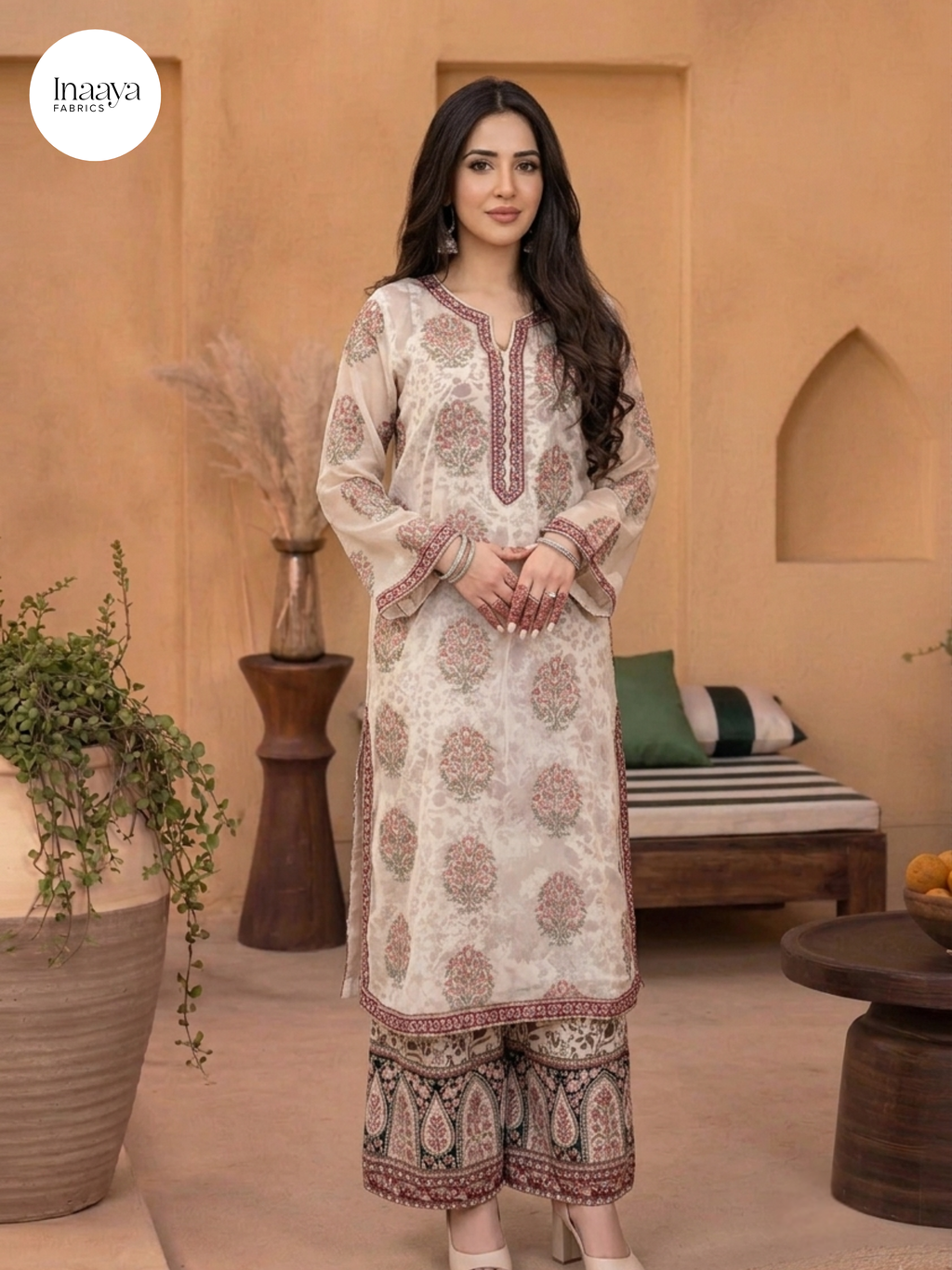 Embroidered Georgette Top with Crepe Palazzo