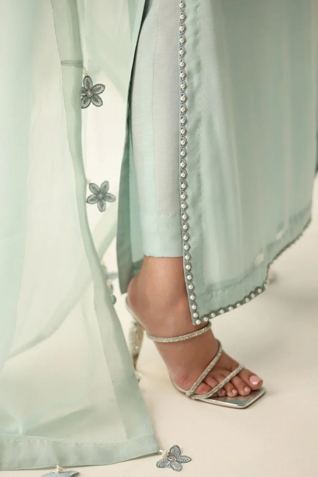 Pastel Mint &amp; Pearl Silver Accent: Embroidered Chiffon Suit | Ready To Wear