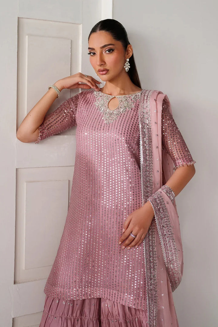 Dusty Rose &amp; Silver Sparkle: Embroidered Chiffon Ghararah SUit | Ready To Wear