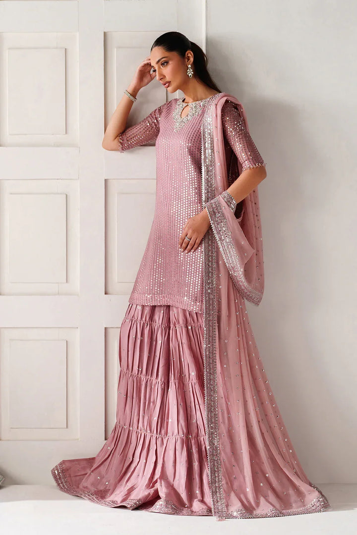 Dusty Rose &amp; Silver Sparkle: Embroidered Chiffon Ghararah SUit | Ready To Wear