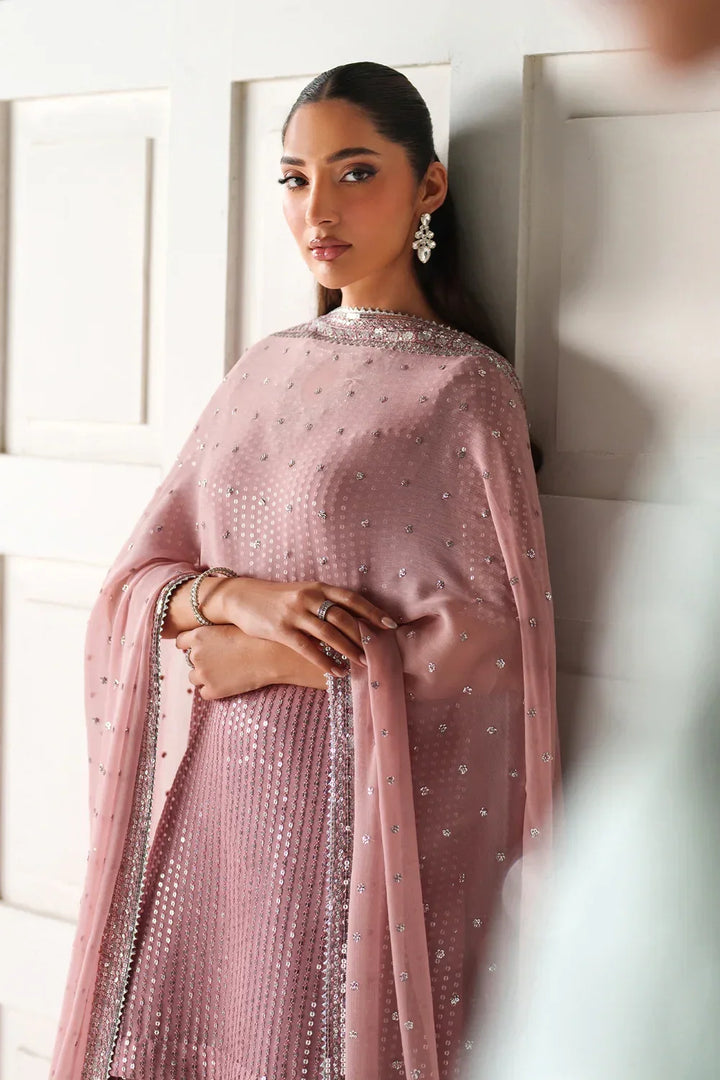 Dusty Rose &amp; Silver Sparkle: Embroidered Chiffon Ghararah SUit | Ready To Wear