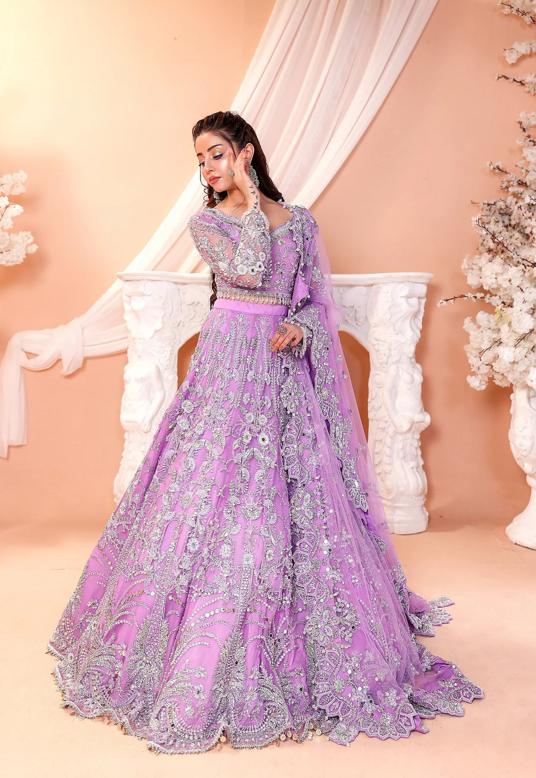 Pastel Lilac &amp; Sparkling Silver: Embroidered Net Bridal Lenge Choli | Ready To Wear