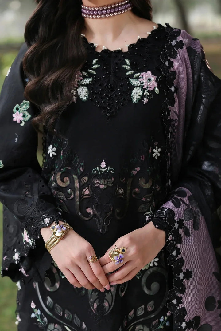 Noir &amp; Soft Violet: Embroidered Lawn Suit With Printed Chiffon Dupatta | Ready To Wear