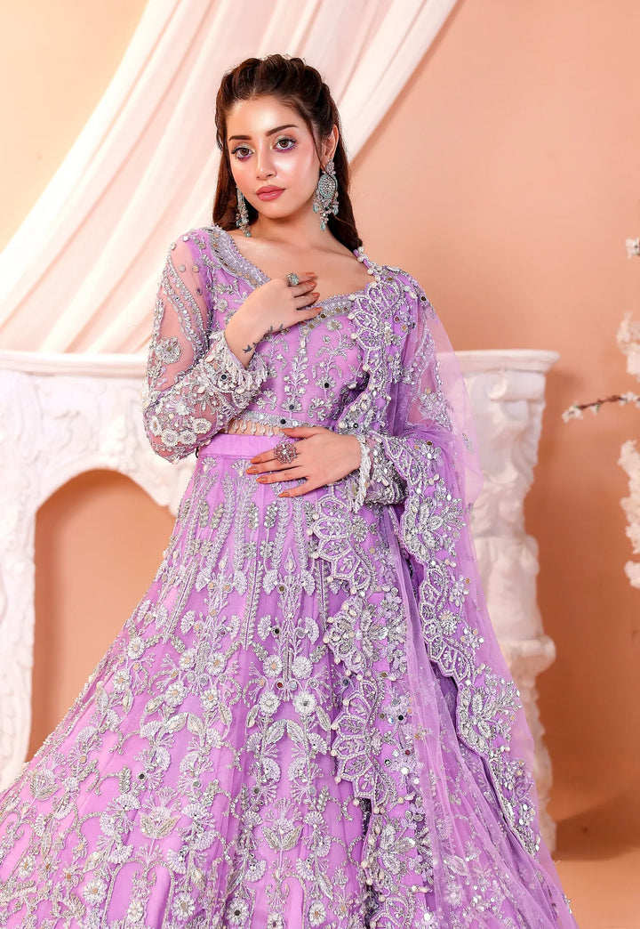 Pastel Lilac &amp; Sparkling Silver: Embroidered Net Bridal Lenge Choli | Ready To Wear