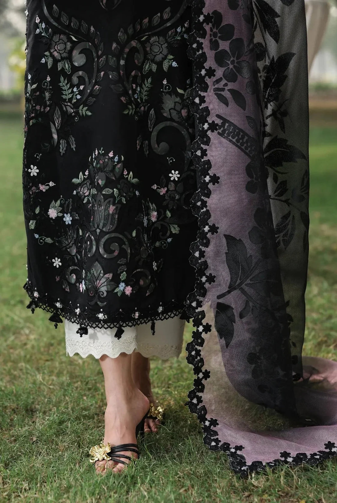 Noir &amp; Soft Violet: Embroidered Lawn Suit With Printed Chiffon Dupatta | Ready To Wear