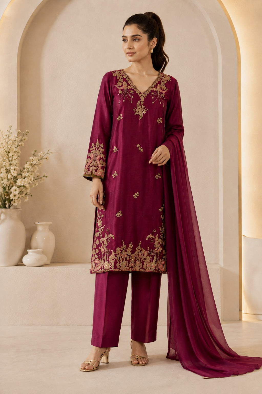 Magenta Premium Shesha Silk 3-Piece Formal Suit - front