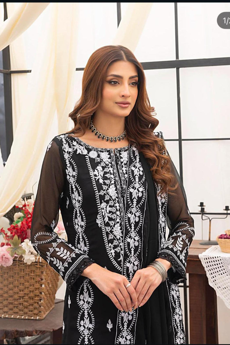 Black Chiffon Heavy Embroidered Spangle Work Suit | Ready TO Wear