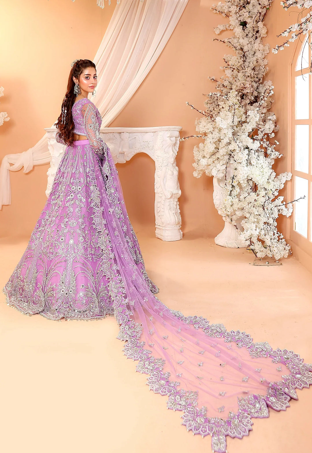 Pastel Lilac &amp; Sparkling Silver: Embroidered Net Bridal Lenge Choli | Ready To Wear
